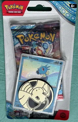 POKEMON TCG SCARLET & VIOLET STELLAR CROWN PACK, HORSEA PROMO CARD & COIN - Image 1