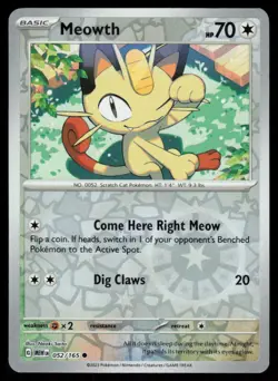 Meowth 052/165 Reverse Holo Pokemon Scarlet & Violet 151 NM - Image 1