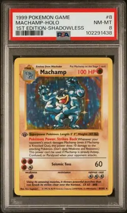 PSA 8 Pokemon 1999 1st Edition Shadowless Base Set Machamp Holo #8 THICK STAMP - Image 1