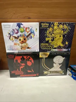 Pokemon Etb Lot 4 Sealed Surging Sparks Destined Rivals Mega Evolution Prismatic - Image 1