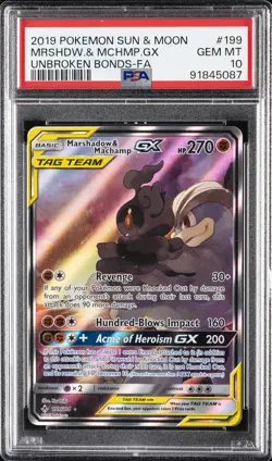 2019 POKEMON SUN & MOON UNBROKEN BONDS FULL ART/MARSHADOW & MACHAMP GX PSA 10 - Image 1
