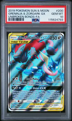 2019 POKEMON SUN & MOON UNBROKEN BONDS FULL ART/GRENINJA & ZOROARK GX PSA 10 - Image 1