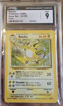 CGC 9 Mint - 1999 Holo Raichu - Base Set - 14/102 Rare Pokemon Card - Image 3