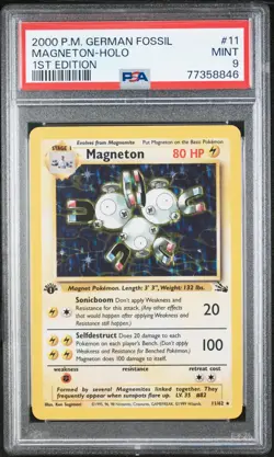 PSA 9 Pokemon TCG Magneton 11/62 1st Edition Holo Rare 1999 Fossil *GERMAN ERROR - Image 1