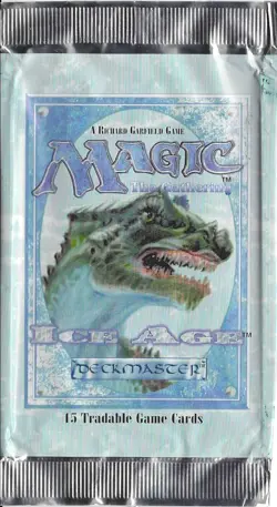 MTG: ICE AGE empty Pygmy Allosaurus Booster Pack wrapper; rear tears, NO CARDS - Image 1