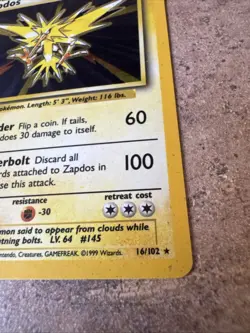 1999 Zapdos Holo Foil Pokemon TCG Base Set Unlimited Rare Card 16/102 HP - Image 2