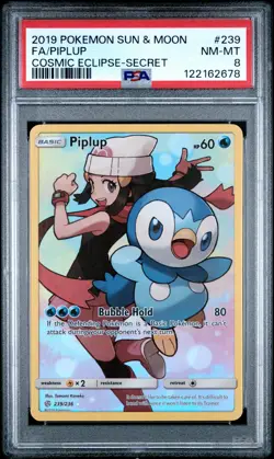 2019 POKEMON SUN & MOON COSMIC ECLIPSE SECRET #239 FULL ART/PIPLUP PSA 8 - Image 1