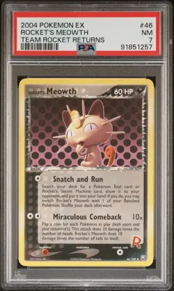 2004 POKEMON EX TEAM ROCKET RETURNS #46 ROCKET'S MEOWTH PSA 7 - Image 1