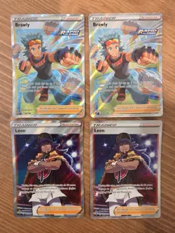 Lot of (4) Pokemon Full Art Holo Trainer Cards - Brawly (2) & Leon (2) - Image 1