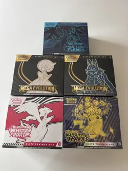 POKEMON “ETB LOT OF 5” PHANTASMAL FLAMES,MEGA EVOLUTION,WHITE FLARE & SURGING SP - Image 1