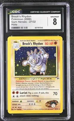 CGC 8 Brock's Rhydon 2000 Gym Heroes 2/132 Holo Pokemon Card - Image 1