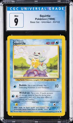 1999 POKEMON BASE SET - UNLIMITED #63/102 SQUIRTLE CGC 9 - Image 1