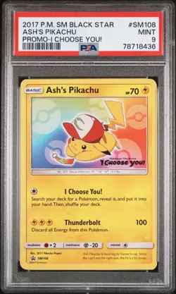 Ash's Pikachu Black Star Promo SM108 Pokemon Card PSA Graded 9 MINT - Image 1