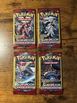 Pokemon Sun & Moon Crimson Invasion 3-Card Booster Packs Complete Art Set 4 Pack - Image 1