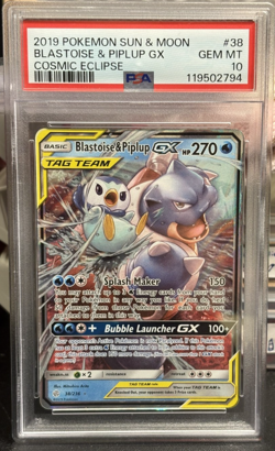 BLASTOISE & PIPLUP 2019 Pokemon Sun & Moon COSMIC ECLIPSE Holo #38 GX PSA 10 HOT - Image 1