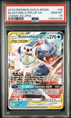 BLASTOISE & PIPLUP 2019 Pokemon Sun & Moon COSMIC ECLIPSE Holo #38 GX PSA 10 HOT - Image 4