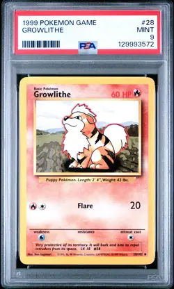 1999 POKEMON BASE SET UNLIMITED #28 GROWLITHE PSA 9 - Image 1