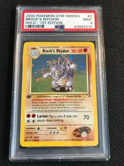 PSA 9 MINT Brock's Rhydon 2 Gym Heroes 1st Edition Holo Pokemon Card - Image 1