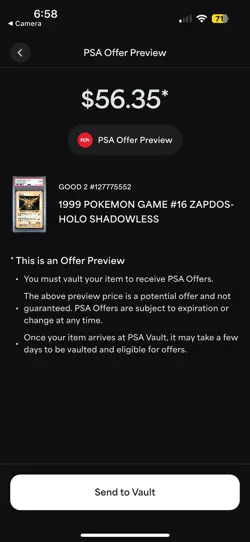 1999 Pokemon Game Holo Shadowless Zapdos #16 PSA 2 ES6 - Image 3