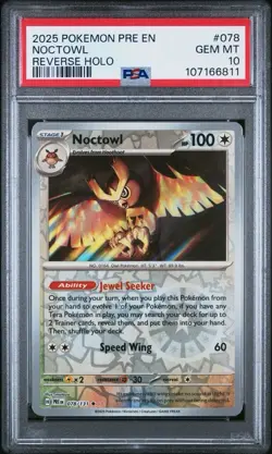 2025 Pokemon Prismatic Evolutions #078 Noctowl Reverse Holo PSA 10 GEM MINT Pop1 - Image 1