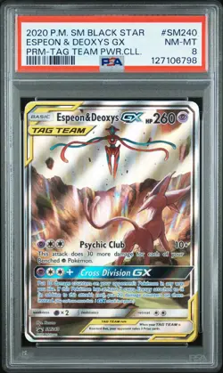 2020 POKEMON SM BLACK STAR PROMO TAG TEAM POWERS COLL ESPEON & DEOXYS GX PSA 8 - Image 1
