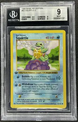 1999 Pokemon Base Set Shadowless 1st Edition Squirtle 63/102 BGS 9 Mint - Image 1