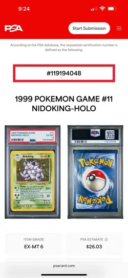 1999 POKEMON GAME BASE SET #11 NIDOKING-HOLO PSA 6 EXCELLENT-MINT, Free Shipping - Image 3