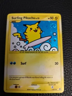 2009 Pokemon Rising Rivals Surfing Pikachu 114/111 Secret Rare Holo SWIRL NM - Image 1