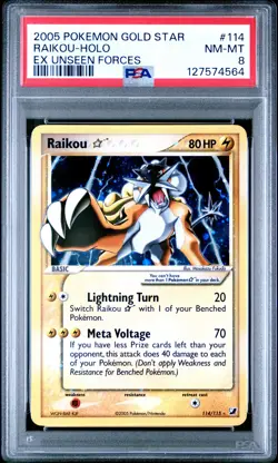 2005 POKEMON EX UNSEEN FORCES GOLD STAR #114 RAIKOU-HOLO PSA 8 - Image 1