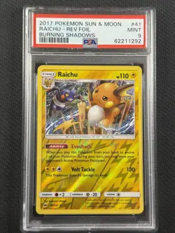 Pokemon Cards PSA 9 Mint Raichu Rev Foil S&M Burning Shadows 2017 41/147 - Image 1