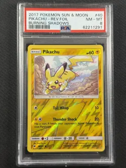 Pokemon Cards PSA 8 NM-MT Pikachu Rev Foil S&M Burning Shadows 2017 40/147 - Image 1