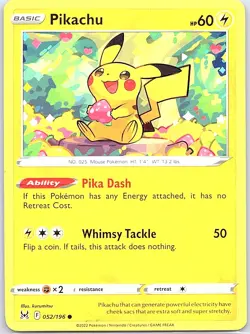 Pikachu 52/196 Non Holo SWSH11: Lost Origin - Pokemon Card - NM - Image 1