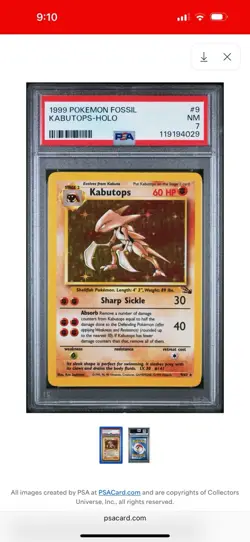 1999 POKEMON FOSSIL #9 KABUTOPS-HOLO PSA 7, Free Shipping - Image 1