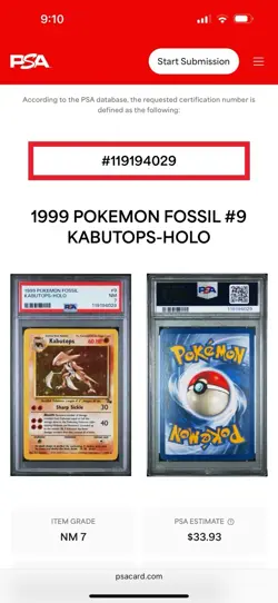 1999 POKEMON FOSSIL #9 KABUTOPS-HOLO PSA 7, Free Shipping - Image 3