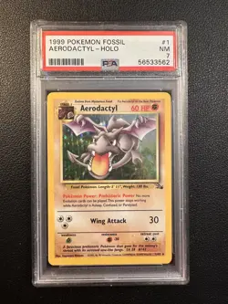 1999 Pokemon Fossil Aerodactyl Holo Rare 1/62 PSA 7 NM - Image 1