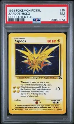 PSA 7 - 1999 Pokemon Fossil ZAPDOS HOLO Corrected Foil #15 (0245) RARE⚡ - Image 1