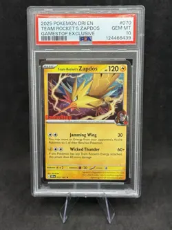 2025 POKEMON DESTINED RIVALS GAMESTOP EXCLUSIVE #070 TEAM ROCKET'S ZAPDOS PSA 10 - Image 1