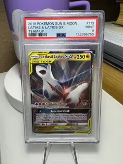 2019 POKEMON SUN & MOON TEAM UP #113 LATIAS & LATIOS GX PSA 9 MINT - Image 1