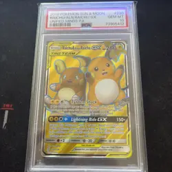 PSA 10 2019 POKEMON SUN & MOON UNIFIED MINDS 220/236 RAICHU & ALOLAN RAICHU GX - Image 1