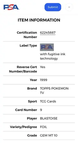 1999 TOPPS POKEMON TV BLASTOISE #9 FOIL CARD PSA 10 GEM MINT RARE - LOW POP, 30! - Image 3