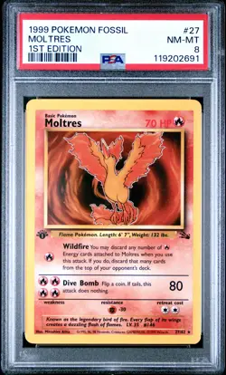 1999 Fossil Moltres #27 1st Edition Non-Holo PSA 8 - Image 1