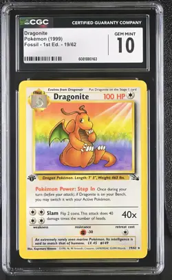 CGC 10 GEM MINT Dragonite 1999 Fossil 1st Edition 19/62 Pokemon Card - Image 1