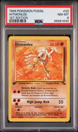 1999 POKEMON FOSSIL 1ST ED #22 HITMONLEE PSA 8 - Image 1