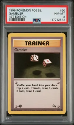 1999 POKEMON FOSSIL 1ST ED #60 GAMBLER PSA 8 - Image 1
