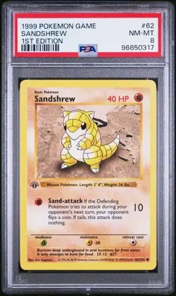 1999 POKEMON BASE SET 62 SANDSHREW 1ST EDITION PSA 8 NEAR MINT - MINT - Image 1