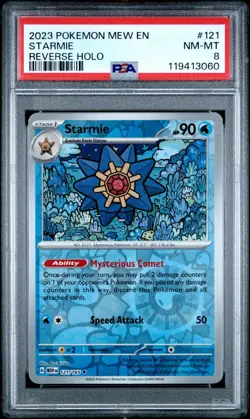 Graded Pokemon Card 2023 POKEMON MEW EN #121 STARMIE REVERSE HOLO PSA 8 NM-MT - Image 1