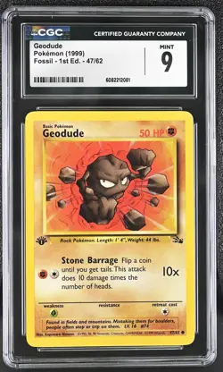 CGC 9 MINT Geodude 1999 Fossil 1st Edition 47/62 Pokemon Card - Image 1