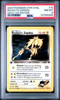 2000 POKEMON GYM CHALLENGE HOLO-1ST ED #15 ROCKET'S ZAPDOS PSA 8 - Image 1