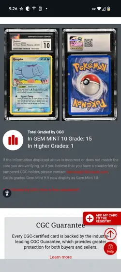 (POP 15) CGC 10 GEM MINT Quagsire 26/109 EX Team Rocket Returns Pokemon 2004 - Image 4