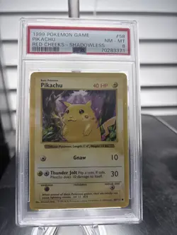 RARE** 1999 Pokemon TCG Game Pikachu Red Cheeks Shadowless #58 PSA 8 - Image 2